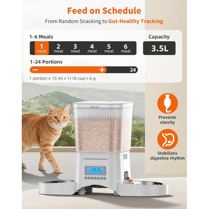 Автоматичний годівник для котів та собак HoneyGuaridan з 2 мисками (3.5L, білий)