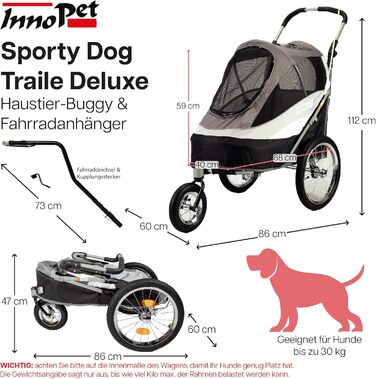 Innopet Sporty: Причіп для собак Innopet Sporty Deluxe (30 кг) - 2-в-1: бугель та причіп для велосипеда, з дощем. Чорний/Срібний