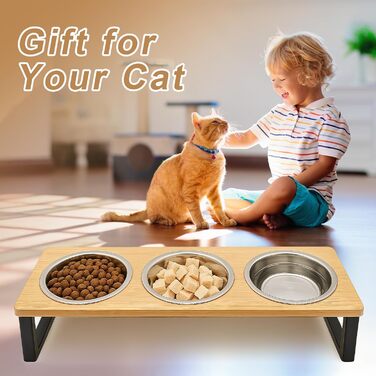 Підвищена годівниця для котів з 3 мисками з нержавіючої сталі, 15° нахил, набір мисок для котів, годівниця для котів та невеликих собак