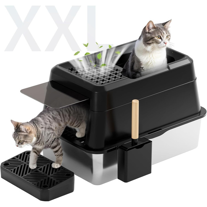 FRETONBA туалет для котів з нержавіючої сталі XXL, 26 л, високі стінки, герметичний, легке очищення, з кришкою, педаллю та лопаткою, чорний