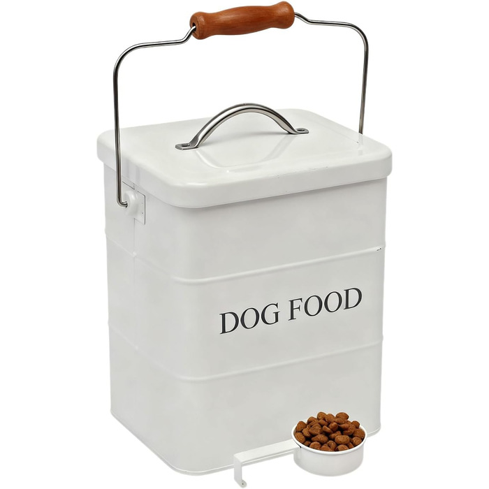 Контейнер для корму для собак з металу, 2.3 кг – герметичний контейнер для зберігання корму з кришкою, дерев'яною ручкою та ложкою – білий контейнер для сухого корму, ласощів, печива для собак – вінтажна коробка для запасів