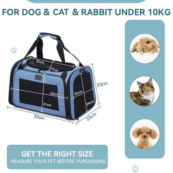 Переноска для котів і маленьких собак Petsfit, легка, з ременем безпеки та розширюваним матом, синя, розмір L