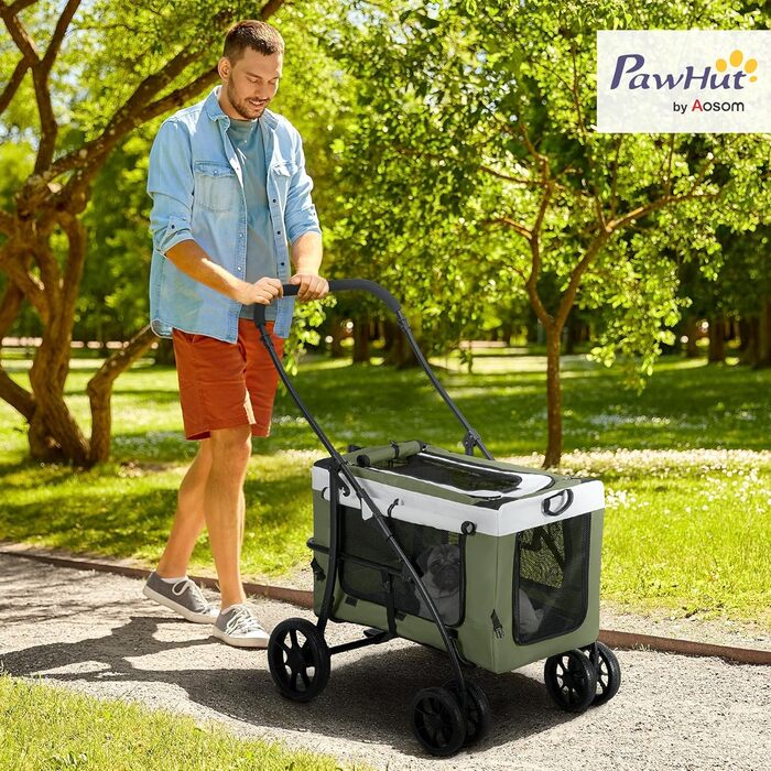 Візок для собак та котів PawHut 2-в-1, складний, до 10 кг, з подушкою, сіткою, дверима та кошиком для зберігання, темно-зелений