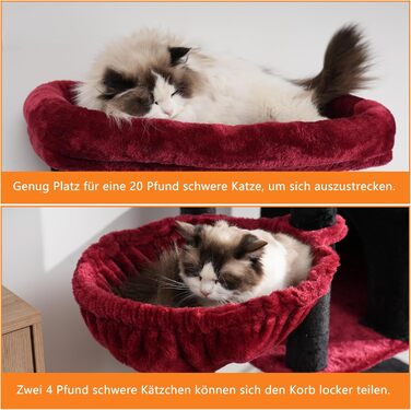 Котячий комплекс Heybly, 173 см, 16 стовпчиків, багаторівневий когтеточка, 2 великі платформи, 2 кошики, гамак, будиночок, іграшки, чорний + червоний
