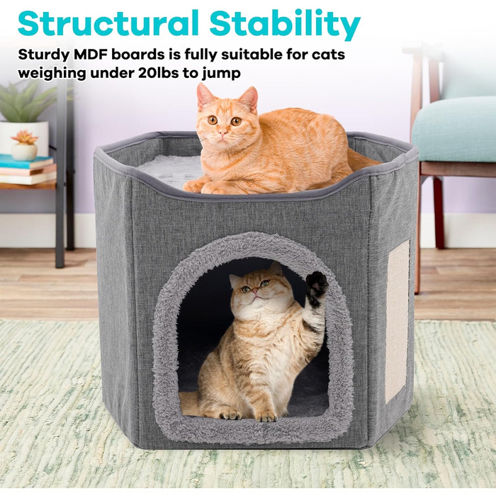 Кіт Будинок для котів у приміщенні, велика кімната для котів з когтеточкою, 2-ярусне ліжко для котів, будинок-печера для маленьких та середніх тварин, сірий