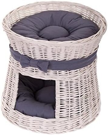 Кругла котяча хатинка e-wicker24 з плетеної лози, двоярусна, з подушкою та бантиком, котячий тур (кремово-сірий)