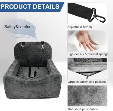 Автокрісло для собак маленьких та середніх порід до 15,9 кг з пам'яті ефекту, з товстим подушкою, знімний, пральний, з кишенями для зберігання, 2 ремені безпеки