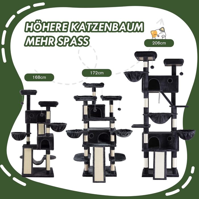 Котячий будиночок MUTICOR з когтеточкою, 206 см, багатоярусний, для великих котів, з гамаком, плюшеві платформи, широка база (темно-сірий)