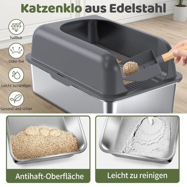 Котлочистка Gimars XL для котів з нержавіючої сталі, велика лоток для котів з металу 20л з совком та килимком, котячий туалет з нержавіючої сталі для середніх та великих котів (темно-сіра з педалем)