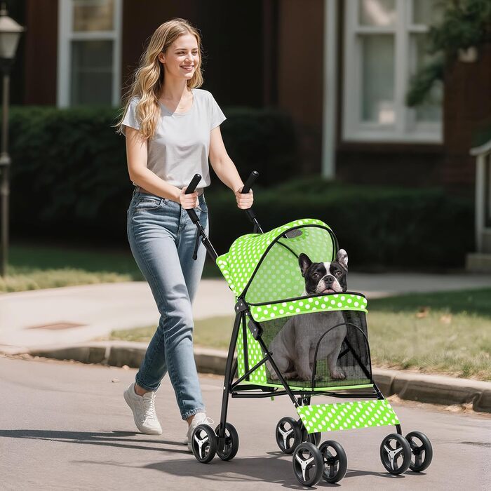 Візок для собак маленьких порід, 4,5-10 кг, візок для цуценят, візок для середніх собак, візок для котів, візок для 2 котів, задній простір для зберігання, леопардовий принт (зелені крапки)
