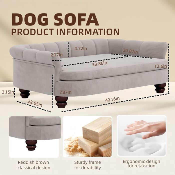 Диван для собак SEYNAR: м'яке ліжко для великих та середніх собак, зйомний чохол, для вітальні, сірий