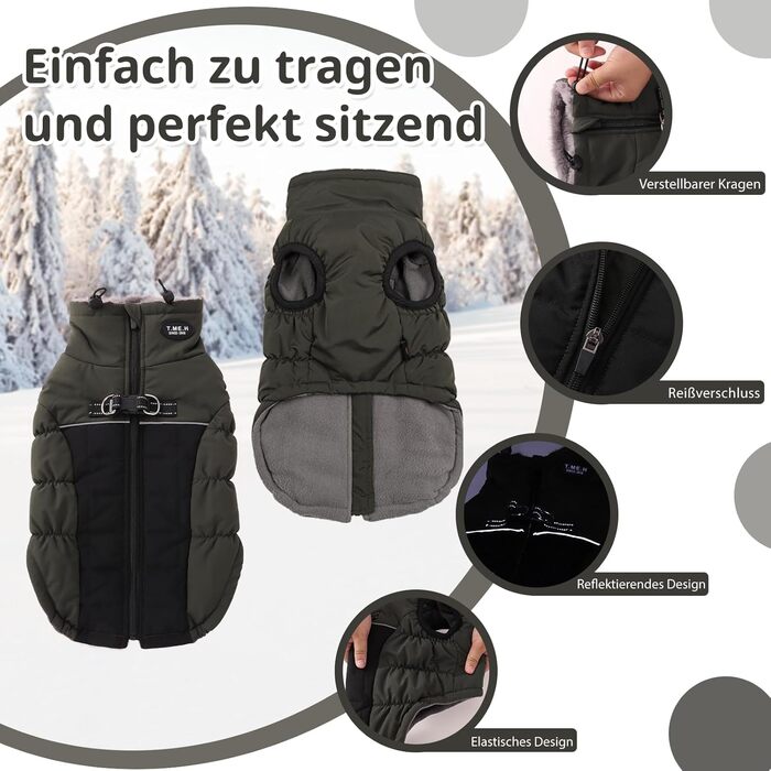 Теплий зимовий одяг для собак: вітронепроникний теплий одяг для собак з світловідбиваючими елементами, з блискавкою, зелений, XL