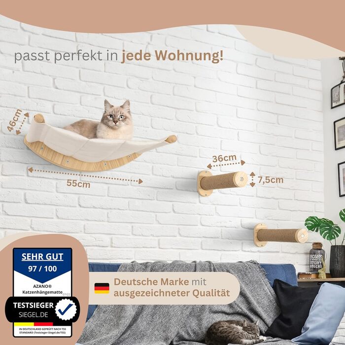 AZANO® Котяча стінка для лазіння XL з драбинкою, підвісна лежанка та ліжко для котів з натурального дерева, 3-в-1, міцна конструкція
