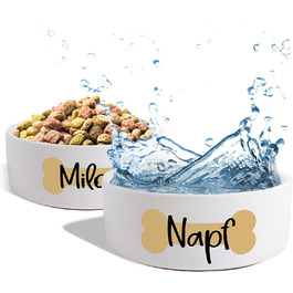 Керамічний двомісний набір мисок з іменем для собак та котів 'Кістка' - персоналізований набір мисок з/без підставки | Миска для собак, миска для котів, годівниця | 2x 500 мл