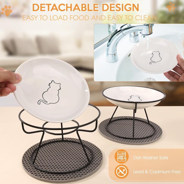 Набір мисок для котів FoiiLiio 2 шт. з кераміки з металевим підставкою 10 см. Миски для корму та води для котів, чорний колір