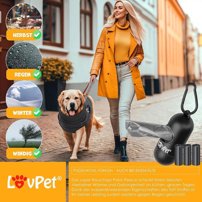 LOVPET Зимова куртка для собак з шлеєю, утеплена та водонепроникна, з рефлекторами, грудним ременем і D-кільцем, розмір L, чорна, комплект 45 пакетів для прибирання і диспенсер