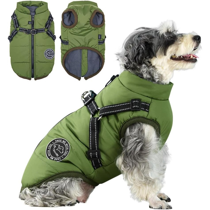 Зимова жилетка для собак - тепла жилетка для собак, бавовна, з нагрудником, зелена, розмір L
