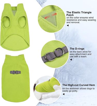 Тепла флісова жилетка-пуловер для собак, зимова куртка з кільцем для повідка, для маленьких та середніх собак XS, S, M, зелена