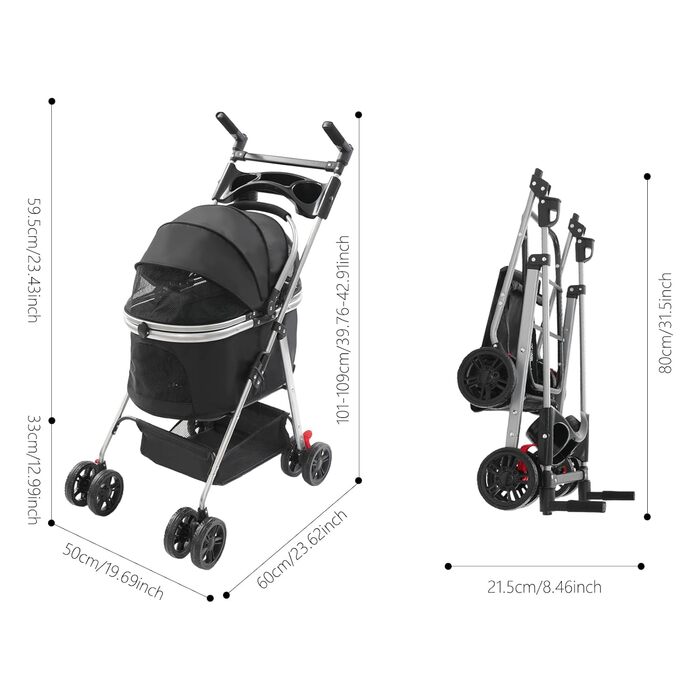 Візок для собак та котів, складаний, чорний, 50x60 см