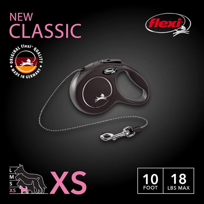 Повідок рулетка FLEXI Classic XS, 3 м, до 8,2 кг, шнур, чорний, ергономічний, не плутається, для собак