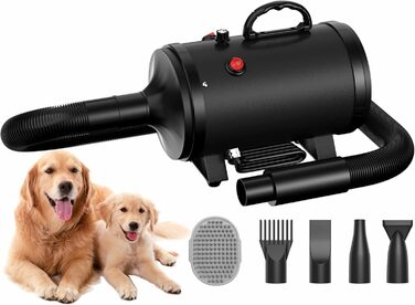 Фен для собак Blower - тихий, 4.5 PS / 3200W, регульована швидкість, 4 насадки, шланг, щітка (чорний)