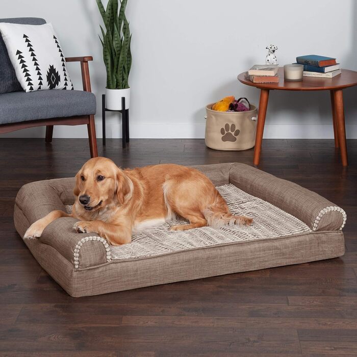 Лежак для собак і котів Furhaven Sofa, охолоджуючий гель, ортопедична піна, плюш, знімний чохол, велика, Woodsmoke