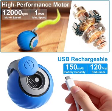 Інтерактивна іграшка для котів - м'ячик з федерцем, перезаряджається, 2 режими, автоматичний, для дому, самостійної розваги (Помаранчевий) (1 x Синій)