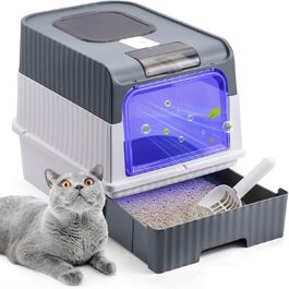 Великий закритий туалет для котів з кришкою, UV-стерилізацією, контролем запаху, совком і висувним лотком, легке очищення, 48x35x36 см, сірий