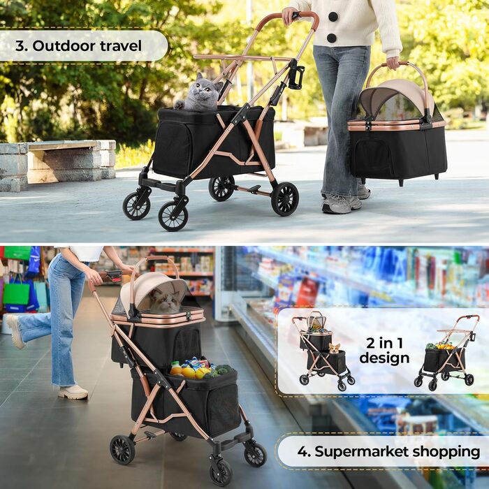 MAMIZO Подвійний візок для собак, переноска для тварин до 15 кг, складаний двоярусний візок для собак, котячий візок на 2 яруси з 4 зносостійкими колесами PU, чорний