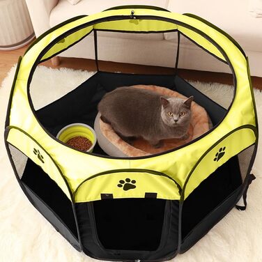 Клітка-забіг для цуценят та тварин, 74x74x43 см. Клітка-вольєр для собак, котів, кроликів та дрібних тварин для використання в приміщенні та на вулиці (жовта, восьмикутна)