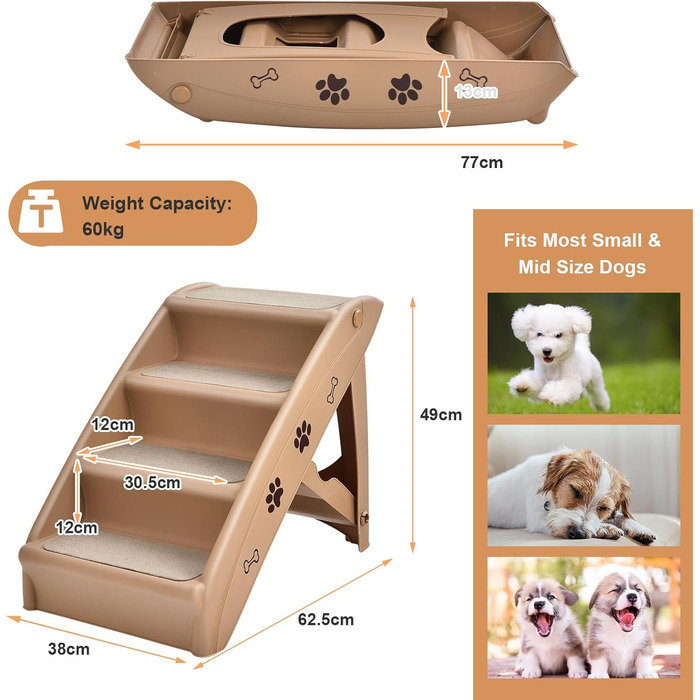 Сходинка для тварин SOARS: 4 сходинки, килимок з повсті, для собак та котів до 60 кг, антиковзаюча, для ліжка, авто, дивану (колір: коричневий)