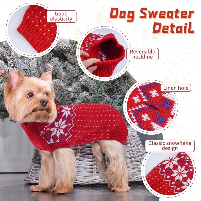 Пуловер для собак KATZINST, теплий флісовий пуловер для маленьких собак, святковий новорічний пуловер, для Французького бульдога, Дакселя, Чихуахуа, Йоркшира, зелений, червоний (M)