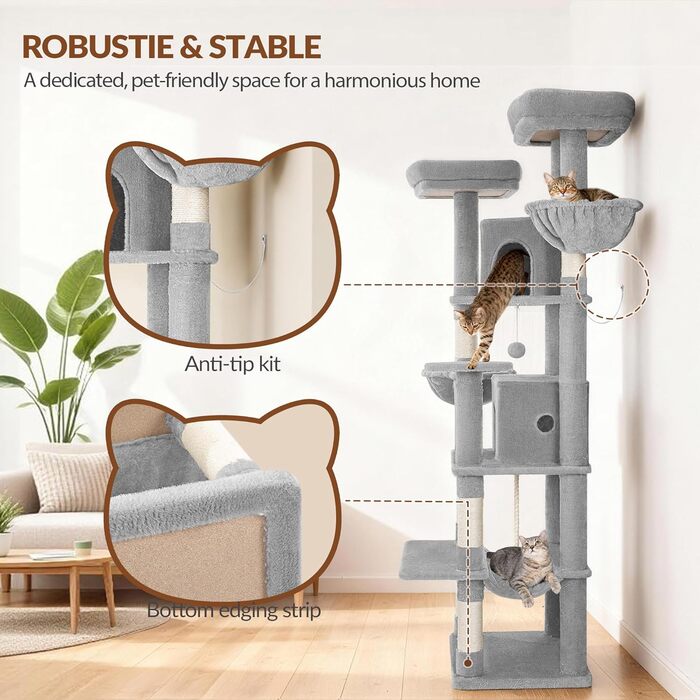 Котячий будиночок Kratzbaum Groß 216 см: великий, стабільний, з 2 печерами, 2 платформами, 2 кошиками та гамаком для дому. FPMS007FG1 (50x40x175 см, світло-сірий)