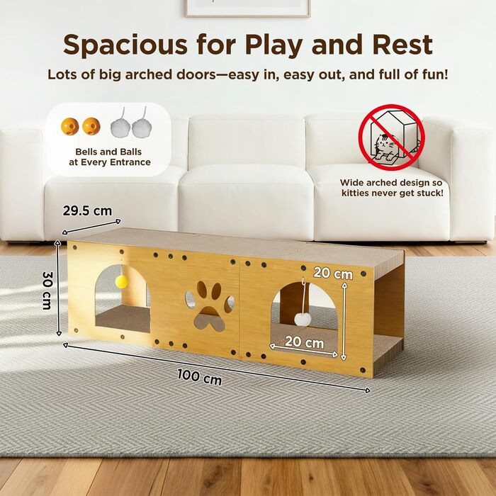 Кігтеточка Gimars для котів 100x30x30 см з м'ячем, тунелем та картонною поверхнею. Великий дім-будка XXL для котів, захист меблів.