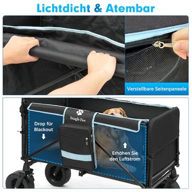 Візок для собак Snagle Paw з дверцятами та рампою, великий, розкладний, для собак середніх та великих порід, регульована ручка та гальма, 4 колеса для прогулянок, бігу, подорожей, до 90 кг (Чорний/Синій)