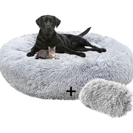Заспокійливе ліжко для собак, пончик для великих собак, тепле, екстра велике, штучне хутро, ліжко для домашніх тварин, самонагріваюче, кругле, плюшеве, ліжка для собак великих та середніх порід, прання можливе (сірий, XXL)