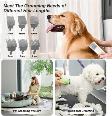 Набір для догляду за шерстю домашніх тварин: пилосос, видалення шерсті, 7-в-1 інструменти + професійна машинка для стрижки. Підходить для всіх пухнастих улюбленців (білий)