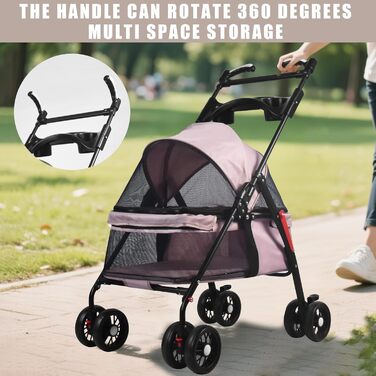 Дитяча коляска для тварин з відкидним відсіком для собак та котів, модель Jogger з кошиком для зберігання та тримачем для напоїв, 4 колеса, для собак та котів середніх та маленьких порід, з тримачем для напоїв (B, JY-Pink)