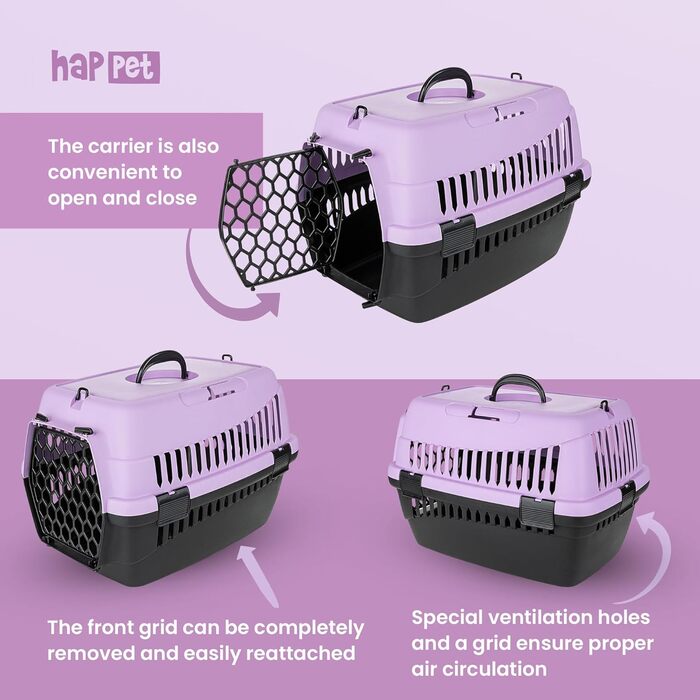 Транспортний бокс для тварин Happet ABBA M сірий 56x37x37 см – міцний, добре провітрюваний бокс з пластику для котів та маленьких собак, переноска для подорожей, переноска для котів (M (56x37x37cm), ABBA Violett)