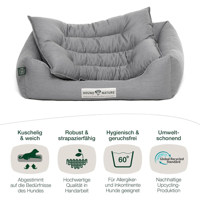 HOUND & NATURE: М'яке ліжко для собак Bern, розмір S (75x60 см), світло-сіре - кушетка для маленьких собак, знімний чохол, легко миється