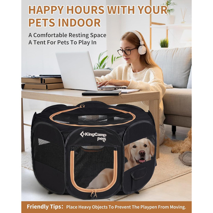 КінгКемп Переносний вольєр для собак, вольєр для цуценят, складаний вольєр для домашніх тварин, собаче намет з сумкою, для використання в приміщенні та на вулиці, знімний замок-блискавка знизу, розмір S: Чорний