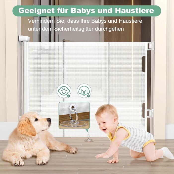 Захист для сходів з замком, розтяжний захист для дітей та собак, ширина 150 см, висота 83 см (140 см/білий, без свердління, автоматичний замок)