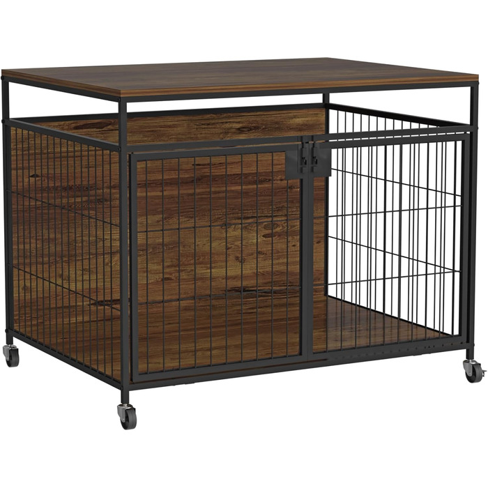 Клітка для собак великих порід VyGrow з дерева, з подвійними дверцятами, столик-підставка, поворотні колеса, 99,9 x 71,1 x 80,1 см
