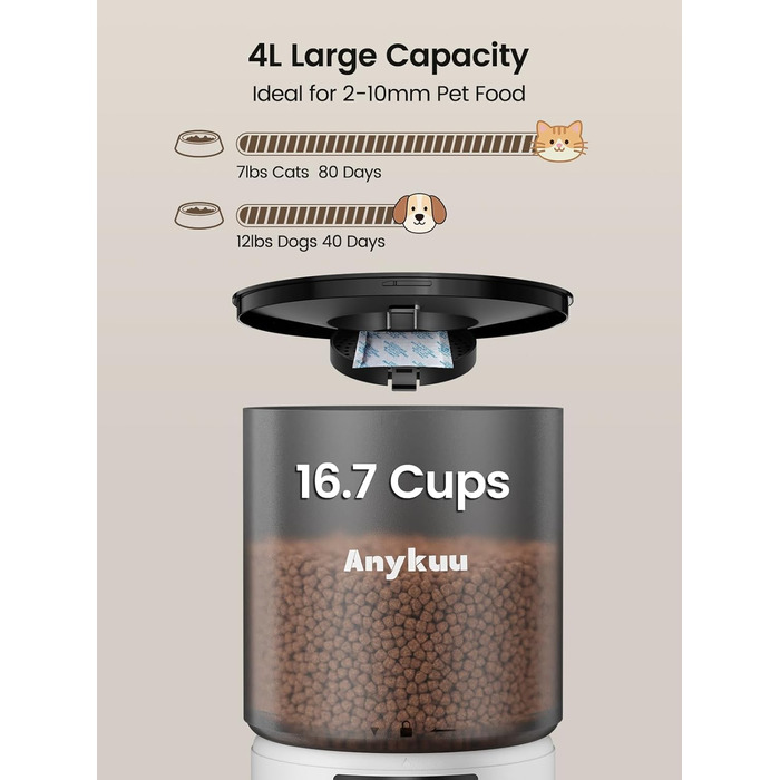 Автоматичний годівниця для котів та собак Anykuu 4L з таймером та контролем порцій. Автоматичний диспенсер для сухого корму з функцією запису (10с) для маленьких та середніх тварин, білий