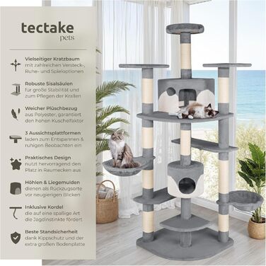 Великий котячий дряпак tectake® XXL з іграшками та аксесуарами, два будиночки для котів, ігрова вежа з сисалевими стовпами, сірий/білий