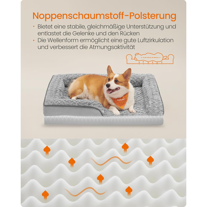 Ортопедичне ліжко для собак Feandrea, середнього розміру, водонепроникне, знімний плюшевий чохол, 91 x 68 x 16 см, сірий (PGW252G01 L)