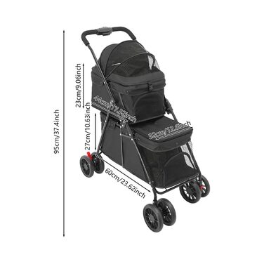 Складаний візок для собак та котів, 2-поверховий, з сумкою та ременями безпеки (Чорний)