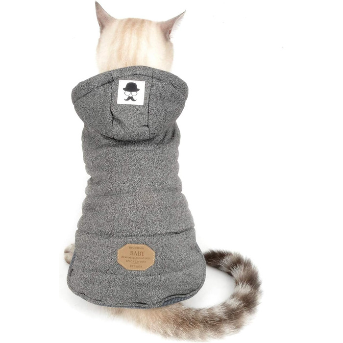 Зимова куртка для собак маленьких порід Ranphy з капюшоном, тепла флісова підкладка, бавовняний халат для домашніх тварин, вітронепроникна куртка, капюшонна куртка для котів, сірий L (Обхват грудей: 42 см), сірий