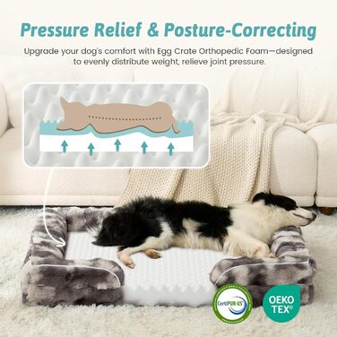 Ортопедичне ліжко для собак з штучного хутра, великі породи, C-подібне ліжко XL сірого кольору Tie-Dye, м'яке, тепле, з водонепроникним покриттям, антиковзаюче, з високощільним пінополіуретаном, миється