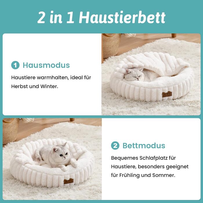 Зимове ліжко для кота з ковдрою, м'яке ліжко-пончик для собак та котів, тепла затишна печеринка з підтримкою голови та шиї, штучне хутро, можна прати (кремовий, 50x50x15 см)